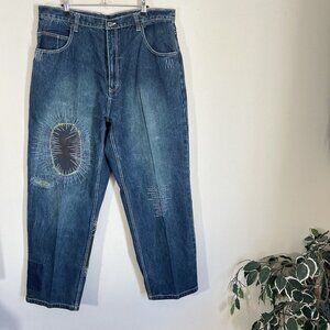 VTG Y2K Baggy Metal Jeans Stitched Embroidered Patches Blue Grunge Size 40 X 33